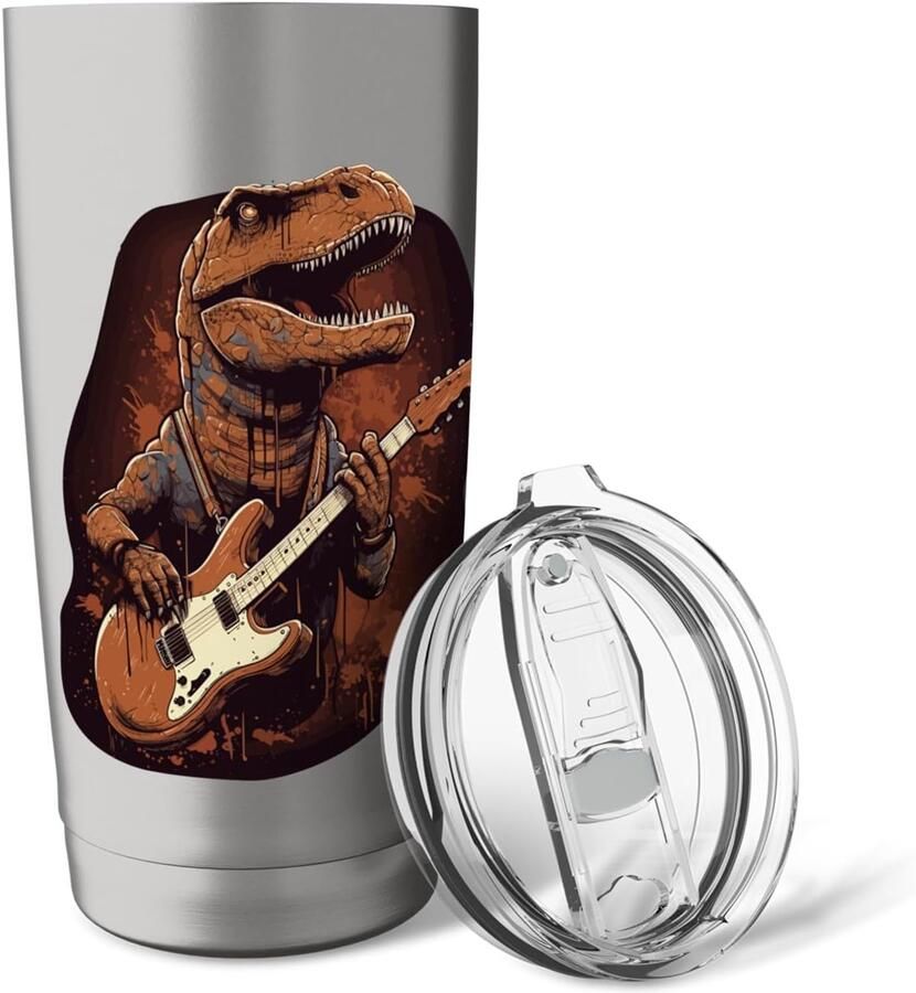 Dinosaurus met gitaar voor gitaristen dubbelwandige thermosbeker