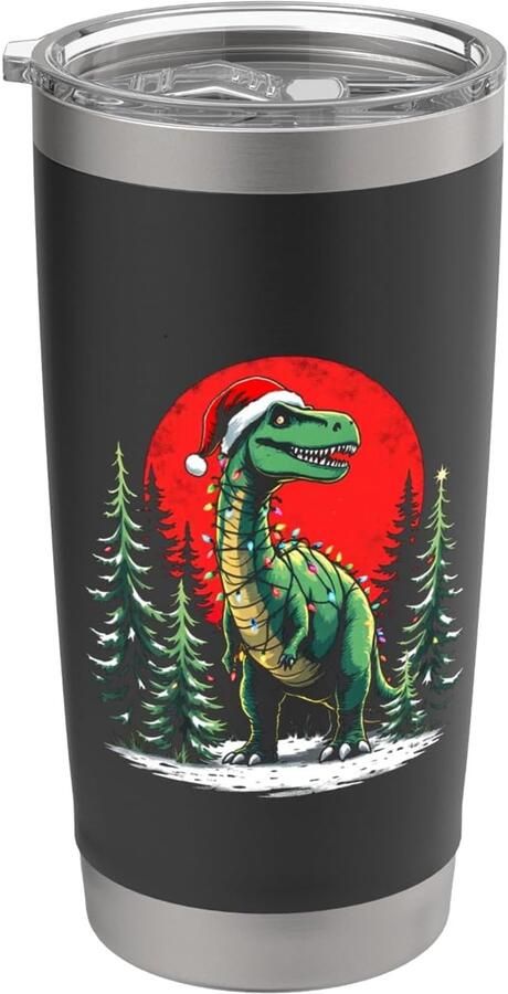 Dinosaurus met kerstverlichting in muts