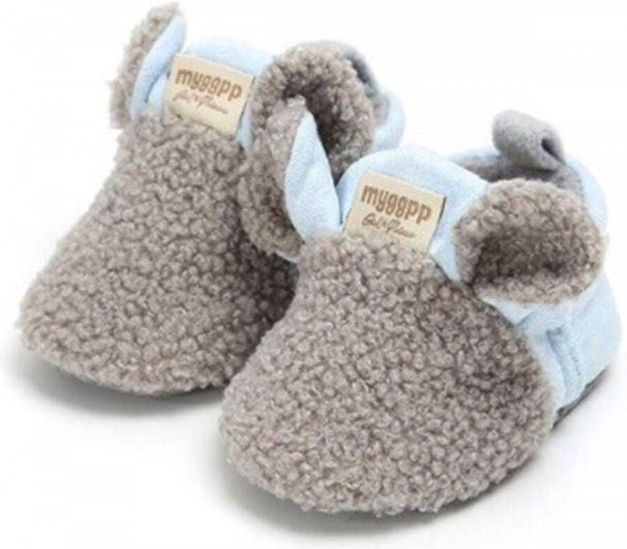 Lieve warme baby slofjes schoentjes met anti slip zooltjes. 0-6 maanden. Grijs lichtblauw