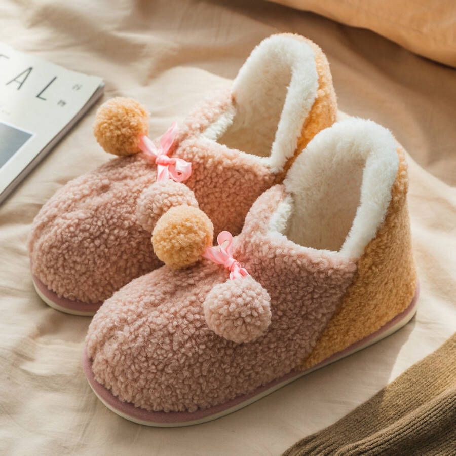 Ceekito Pluche Pantoffel Laarsjes met Pompons Warme Bootie Sloffen Dames Fluffy Huisschoenen met Faux Fur Voering Roze Geel - Foto 2