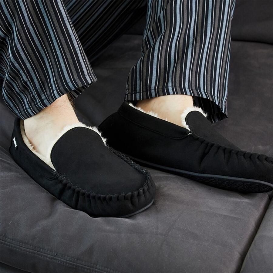 DKNY heren zwarte pantoffels met namaakbont voering comfortabel & licht schokdempend