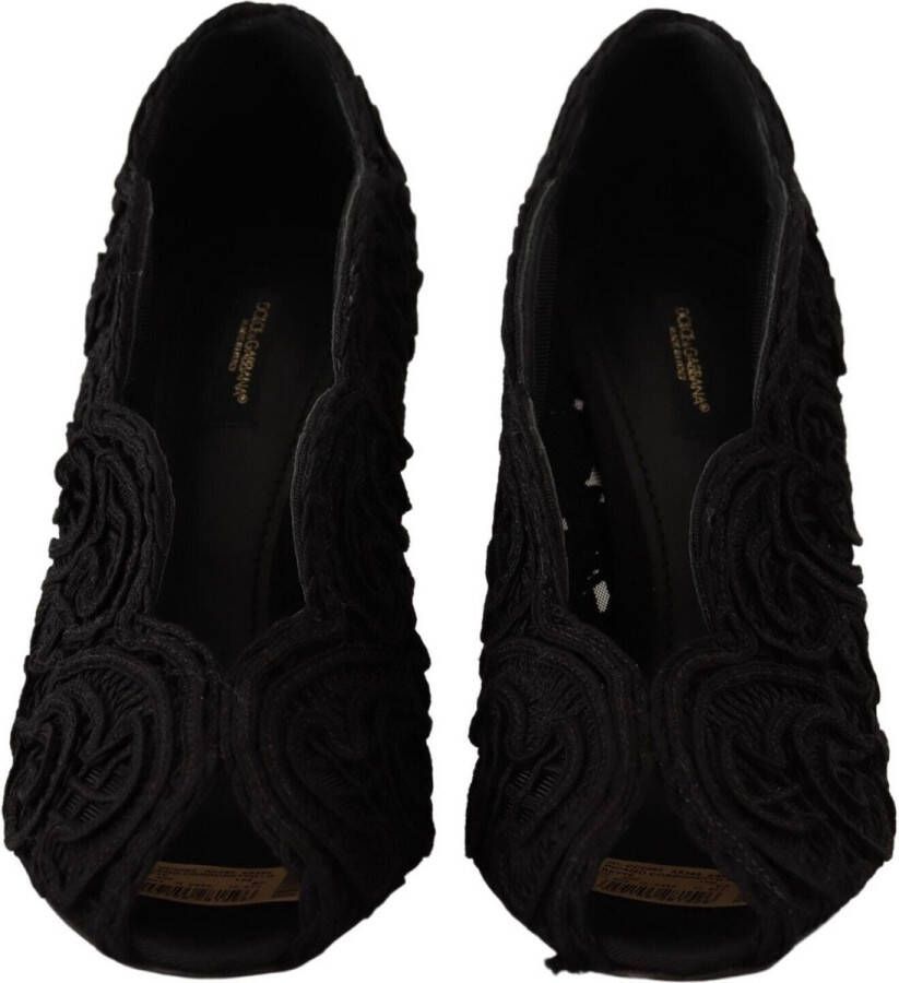 Dolce & Gabbana Black Cordonetto Ricamo Pump Open Toe Shoes