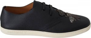 Dolce & Gabbana Black Leather Bee Crown Loafers Sneakers Shoes