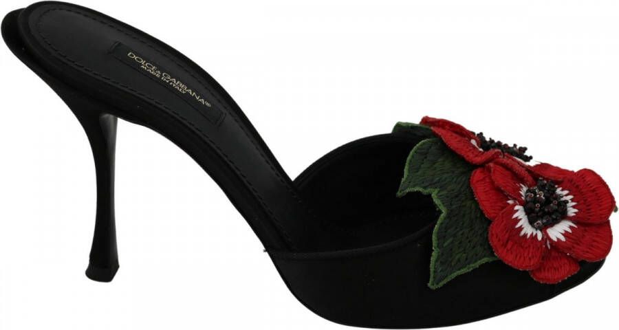 Dolce & Gabbana Black Red Roses Heels Slides Sandals
