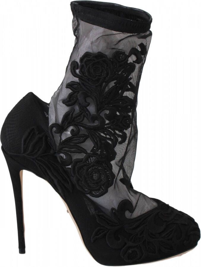 Dolce & Gabbana Black Roses Stilettos Boots Socks Shoes