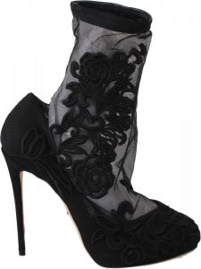 Dolce & Gabbana Black Roses Stilettos Booties Socks Shoes Zwart Dames