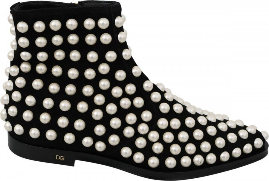 Dolce & Gabbana Black Suede Pearl Studs Boots Shoes