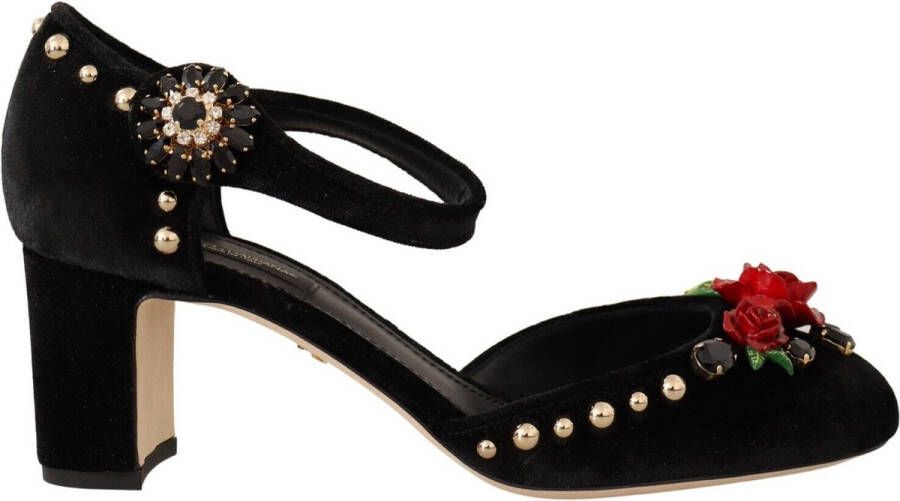 Dolce & Gabbana Black Velvet Roses Ankle Strap Pumps Shoes