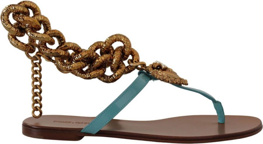 Dolce & Gabbana Blauwe Leren Devotion Platte Sandalen Blue Dames