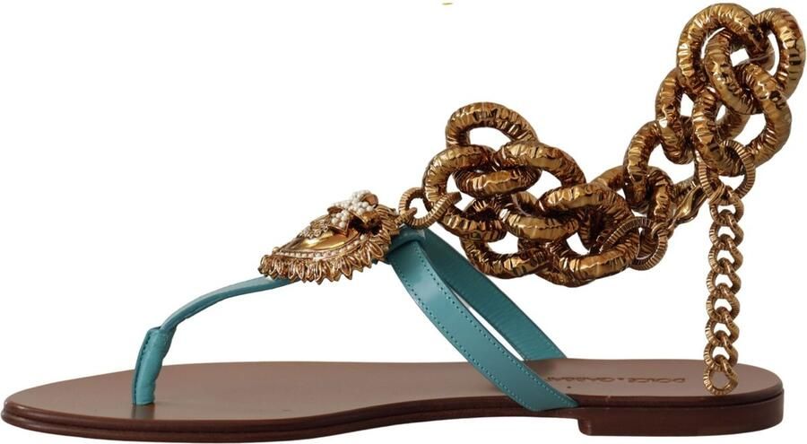 Dolce & Gabbana ChainEmbellished Leather Sandals Flat Sandals Blue Wo Flat Shoes - Foto 3