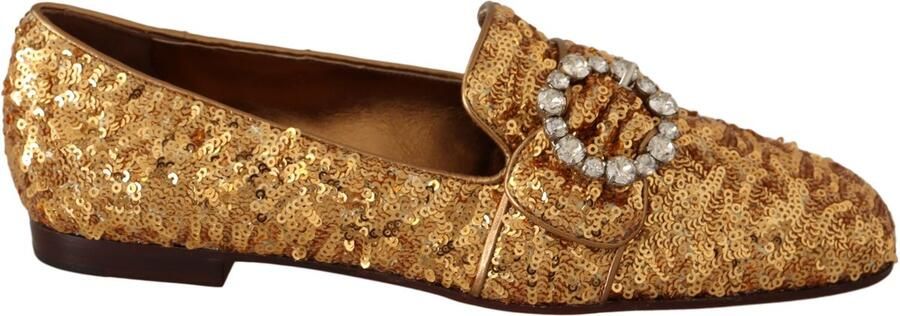 Dolce & Gabbana Sequin Loafer Crystal Detail Wo Gold Flat Shoes