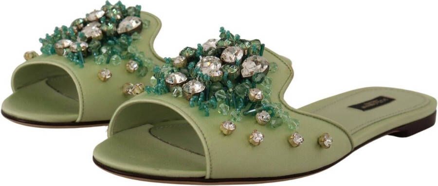 Dolce & Gabbana Groene Leren Kristal Slides Platte Schoenen Green Dames