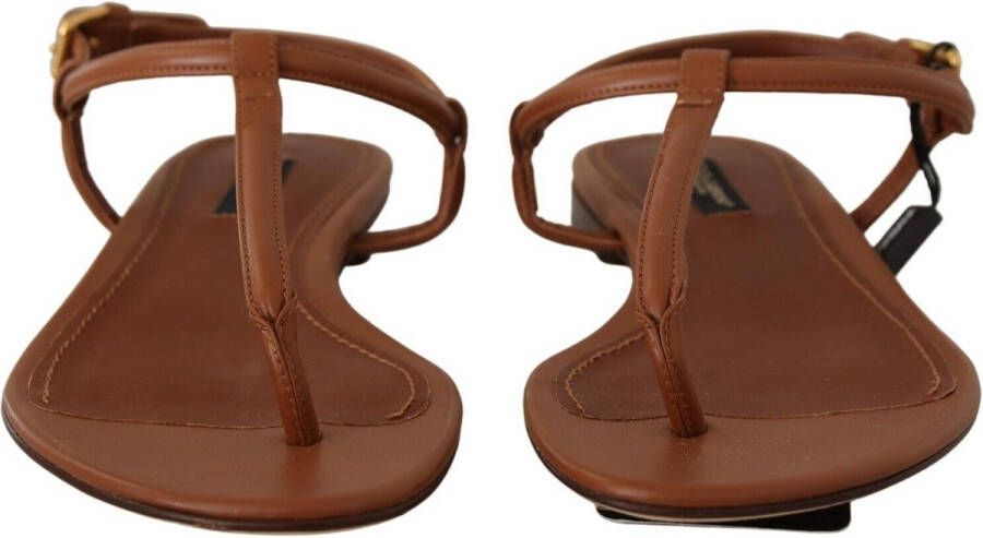 Dolce & Gabbana Brown Leather T-strap Slides Flats Sandals Shoes Bruin Dames
