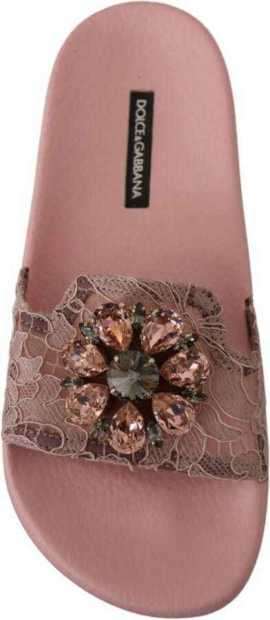 Dolce & Gabbana Roze Kant Kristal Sandalen Slides Pink Dames
