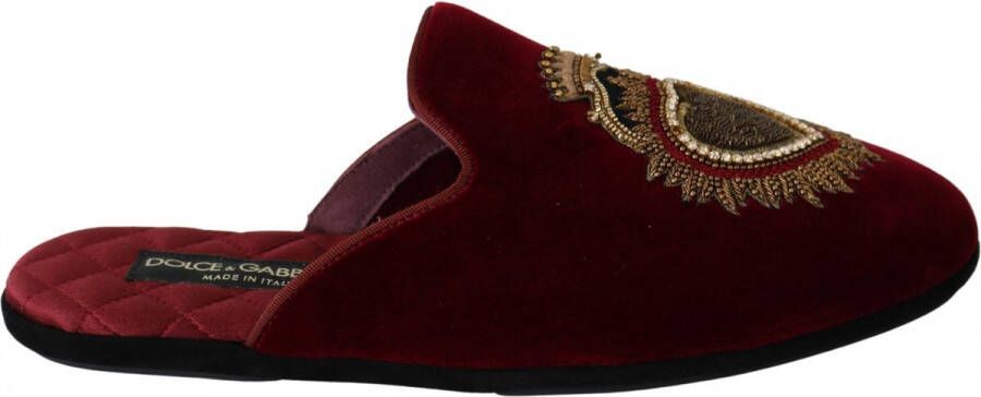 Dolce & Gabbana Red Velvet Sacred Heart Embroidery Slides Shoes