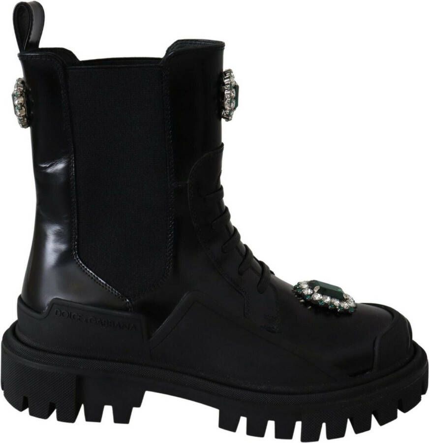 Dolce & Gabbana Elegante Zwarte Leren Gevechtslaarzen met Kristaldetail Black Dames