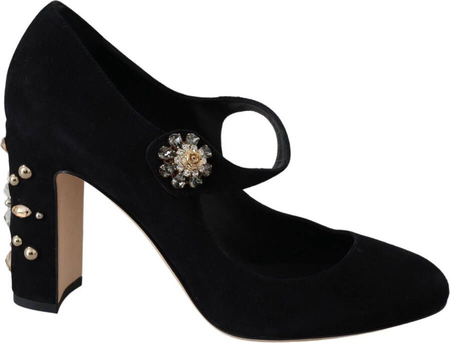 Dolce & Gabbana Black Suede Crystal Heels Mary Jane Shoes Zwart Dames