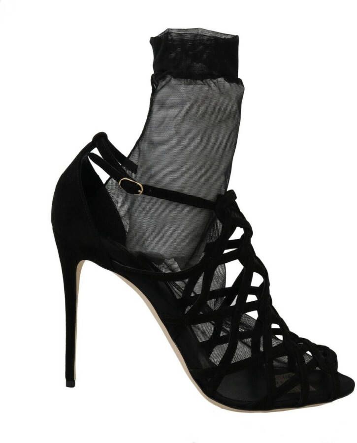 Dolce & Gabbana Zwarte Suède Tule Enkellaars Sandalen Schoenen Black Dames