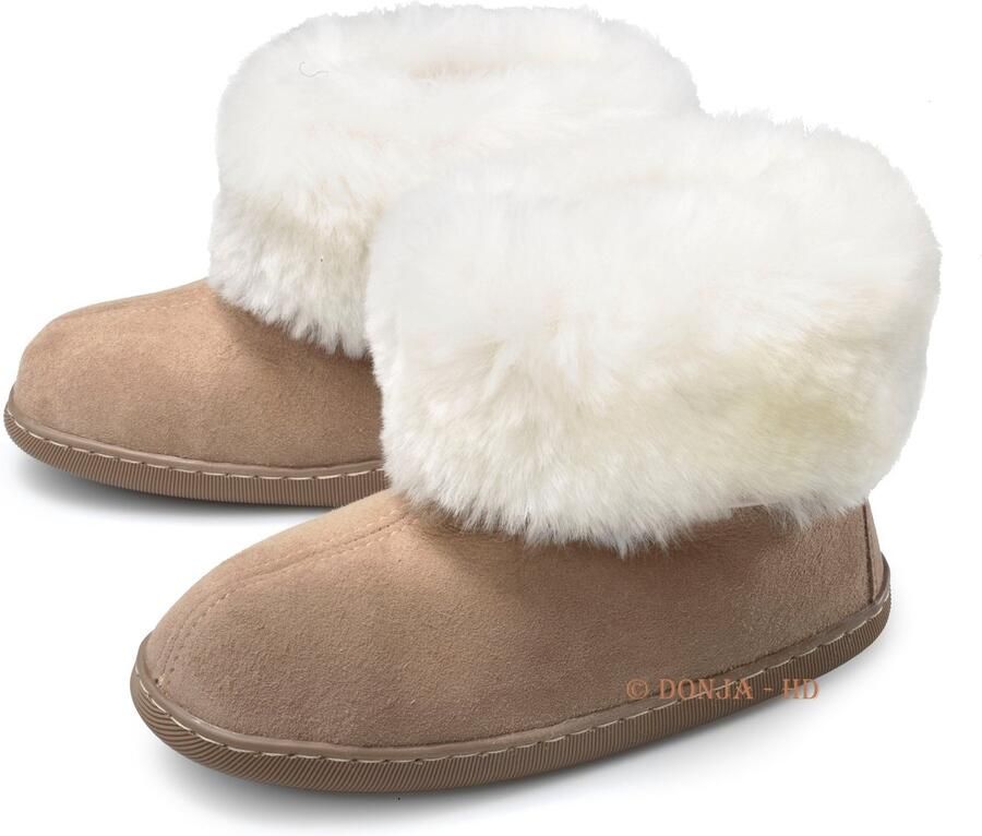 Donja-HD Pantoffels –sloffen- Frosta-Hoog Model –dikke Wol Taupe- hand gemaakt 100% schapenvacht