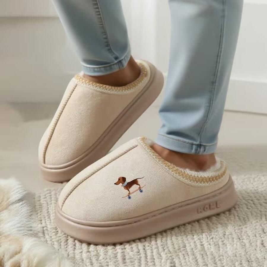 Droomlichtjes Teckel Pantoffels Beige & Zachte Sloffen met Teckel Vlinderdas Print Antislip Huisschoenen Warm & Comfortabel Unisex