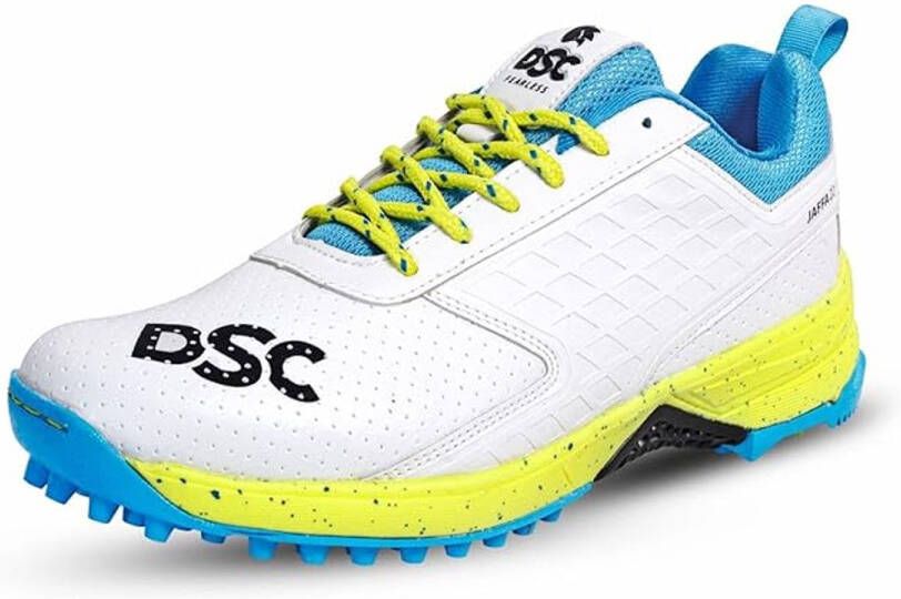 DSC Jaffa 22 Dom Cricket Schoenen Wit Limoen Geel Voor Jongens en Mannen Lichtgewicht Geperst Ontwerp EU Ademend Mesh Antislip zool voor verbeterde duurzaamheid en stabiliteit