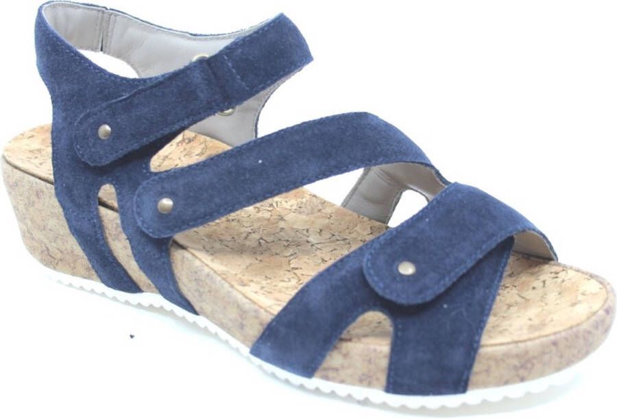 Durea 7385 blauwe dames sandaal met sleehak en klittenbandsluiting