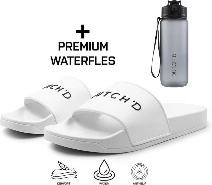 DUTCH'D Badslippers + Waterfles Cadeau! Badslippers Badslippers Slippers en Dubbele maten Unisex Slippers Badslipper Wit Anti Slip- Sauna slippers