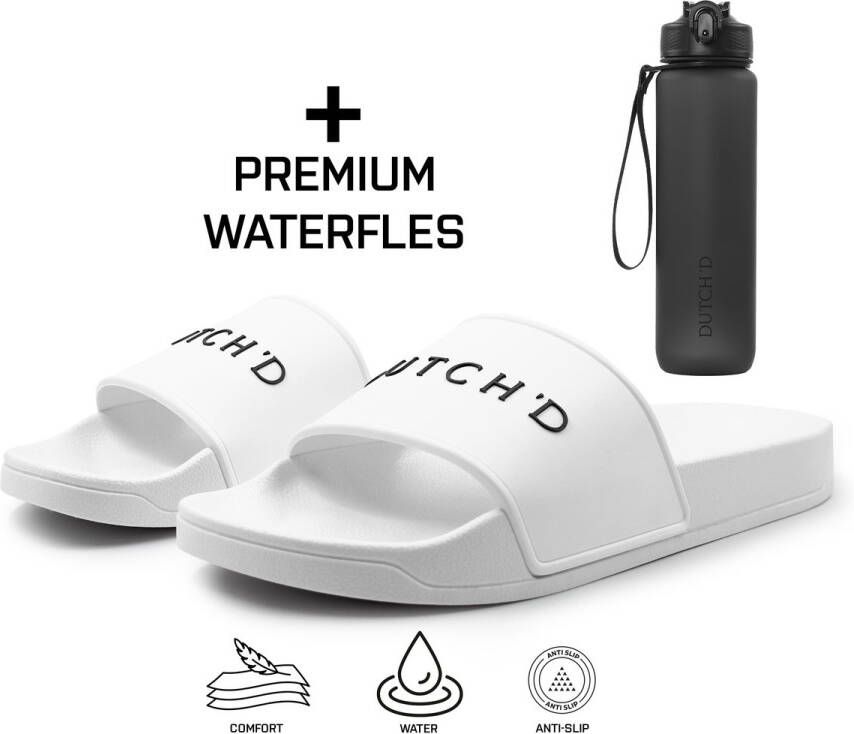 DUTCH'D Badslippers + Waterfles Cadeau! Badslippers Badslippers Slippers en Dubbele maten Unisex Slippers Badslipper Wit Anti Slip- Sauna slippers
