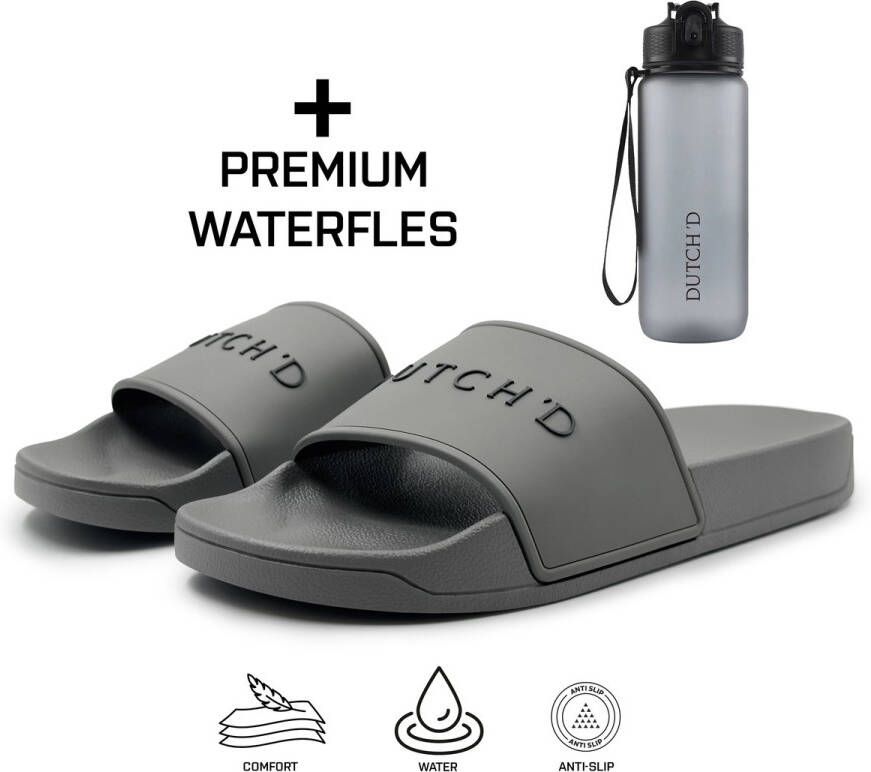DUTCH'D Badslippers + Waterfles Cadeau! Badslippers Heren Slippers Heren Dubbele maten Unisex Slippers Badslipper Antraciet Anti Slip- Sauna slippers