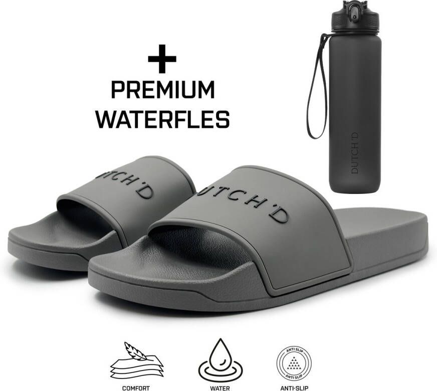 DUTCH'D Badslippers + Waterfles Cadeau! Badslippers Heren Slippers Heren Dubbele maten Unisex Slippers Badslipper Antraciet Anti Slip- Sauna slippers