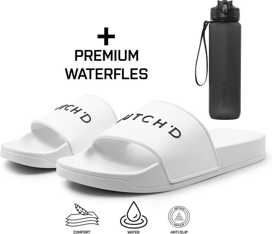DUTCH'D Badslippers + Waterfles Cadeau! Badslippers Badslippers Slippers en Dubbele maten Unisex Slippers Badslipper Wit Anti Slip- Sauna