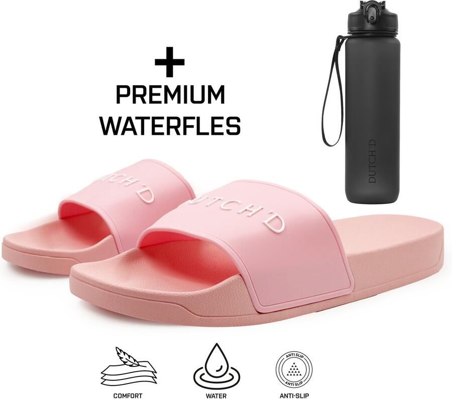 DUTCH'D Badslippers + Waterfles Cadeau! Badslippers Dames Roze Unisex Slippers Badslipper Pink Anti Slip Sauna slippers