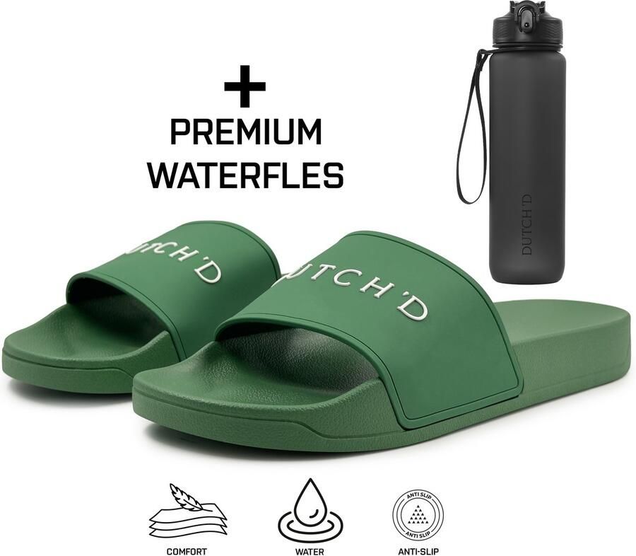DUTCH'D Badslippers + Waterfles Cadeau! Badslippers Badslippers Slippers en Dubbele maten Unisex Slippers Badslipper Groen Anti Slip- Sauna slippers