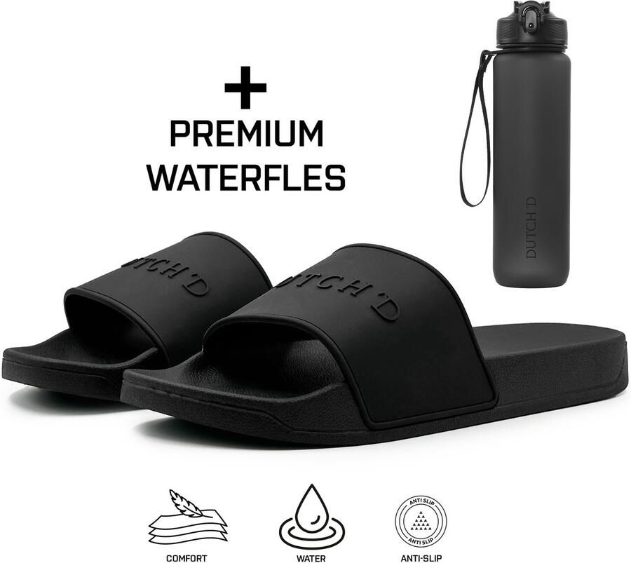 DUTCH'D Rubberen slipper + GRATIS 2 paar Sport Sokken t.w.v € 13 95 Sloffen Logo slides zwart anti slip badslippers Comfortabel Dubbele maten Nederlands merk unisex