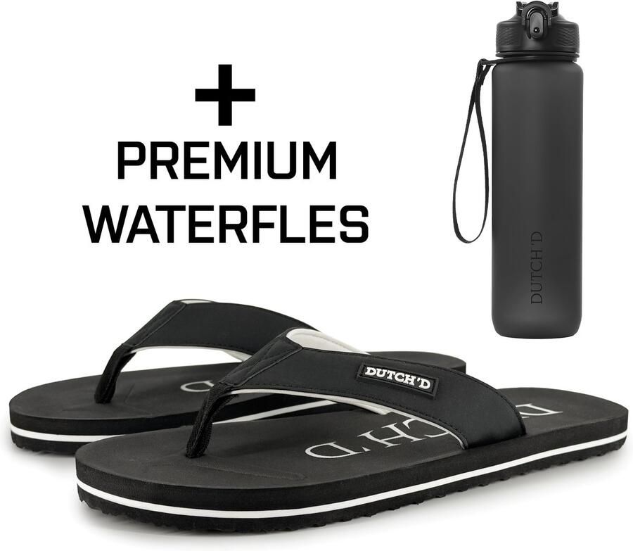 DUTCH'D Teenslippers + Handige Waterfles! Slippers fliflops Heren teenslippers Zwart Comfortabel flip flops