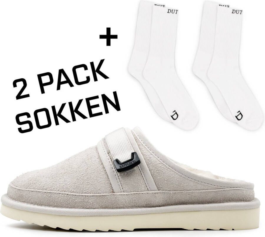 DUTCH'D Luxe pantoffel + Set sokken!- Sloffen Designer- Ease Mule Grijs Cream Echt wol! Heerlijk warm