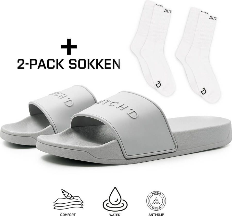 DUTCH'D Rubberen slipper + 2 Pack Sokken! Grijs anti slip Comfortabel Dubbele maten unisex Heren Badslippers Slippers Badslippers