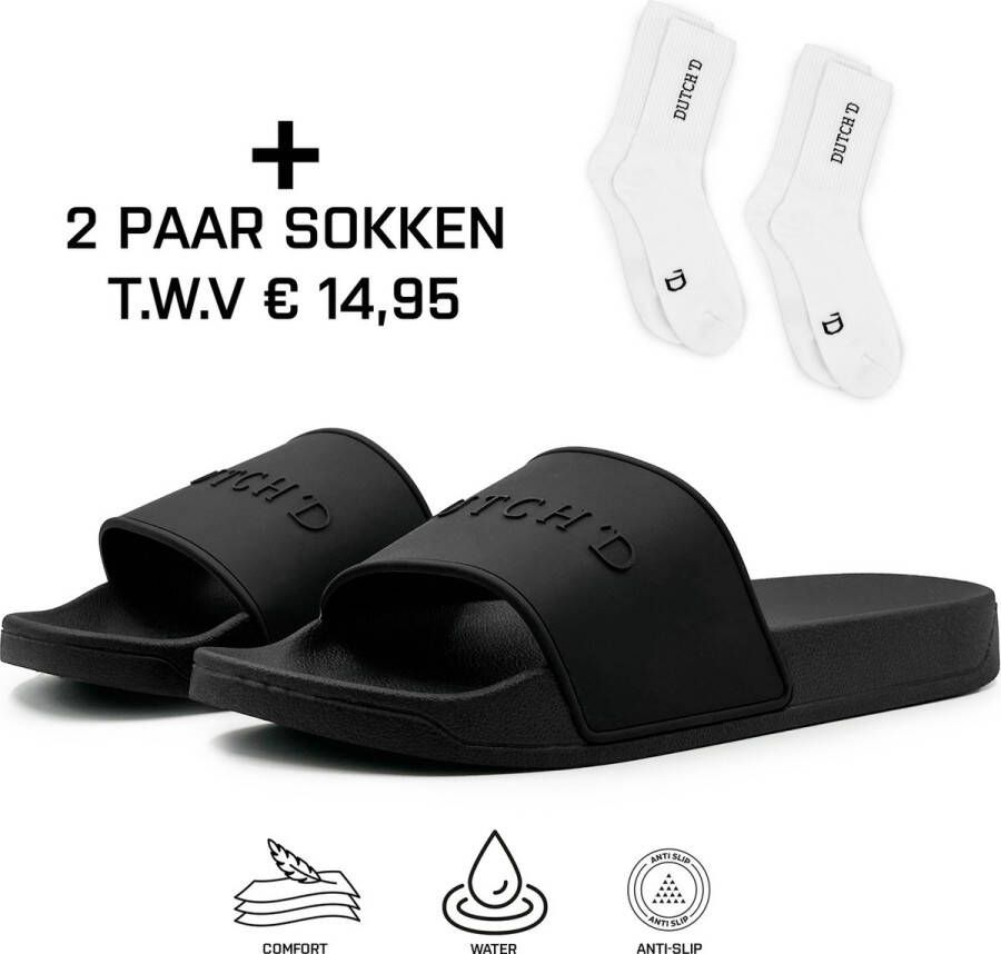 DUTCH'D Rubberen slipper + GRATIS 2 paar Sport Sokken t.w.v € 13 95 Sloffen Logo slides zwart anti slip badslippers Comfortabel Dubbele maten Nederlands merk unisex Slipper