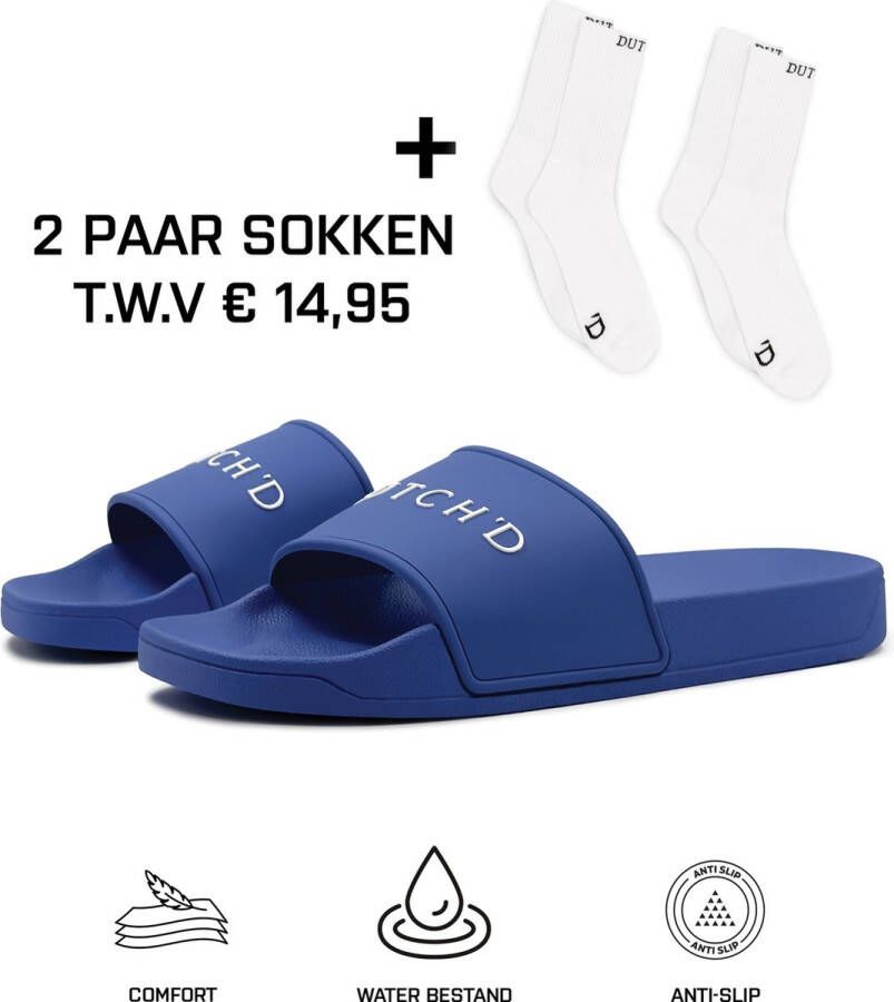 DUTCH'D Rubberen slipper + GRATIS Sport Sokken TWV €14 00 Blauw anti slip Comfortabel Dubbele maten unisex Heren Badslipper Slippers Badslippers