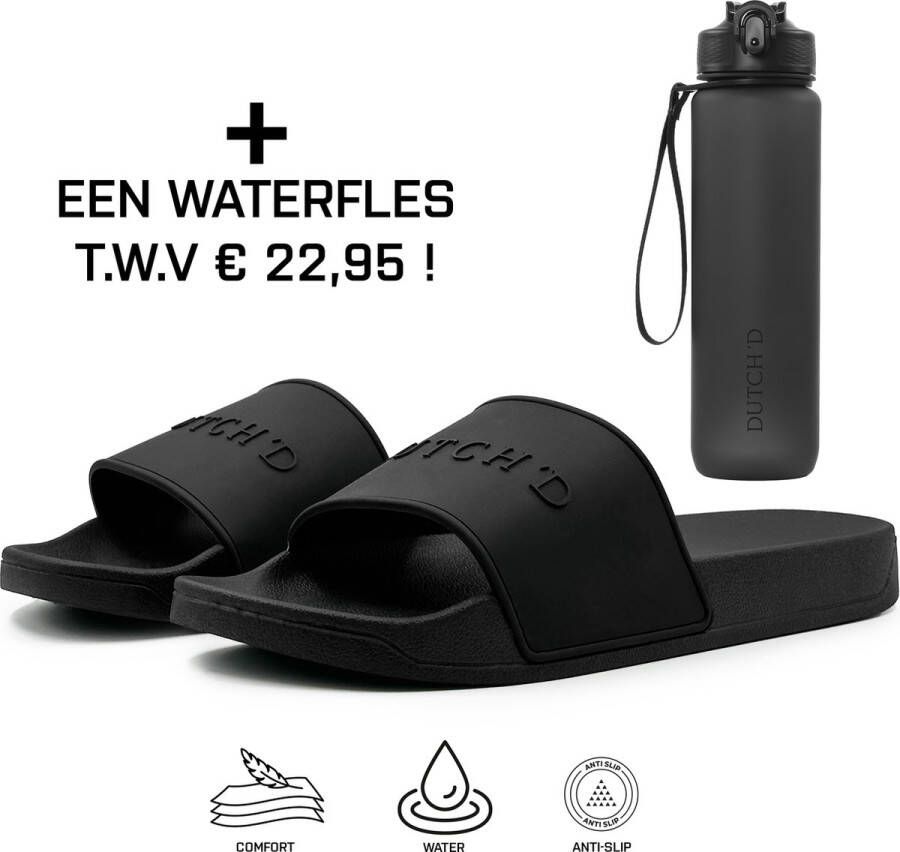 DUTCH'D Rubberen slipper + GRATIS Waterfles TWV € 22 95 Tijdelijk! zwart anti slip Comfortabel Dubbele maten unisex Heren Badslippers Slippers Badslippers