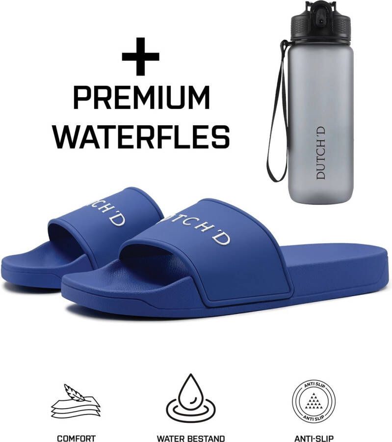 DUTCH'D Rubberen slipper + Handige Waterfles! Blauw anti slip Comfortabel Dubbele maten unisex Heren Badslipper Slippers Badslippers