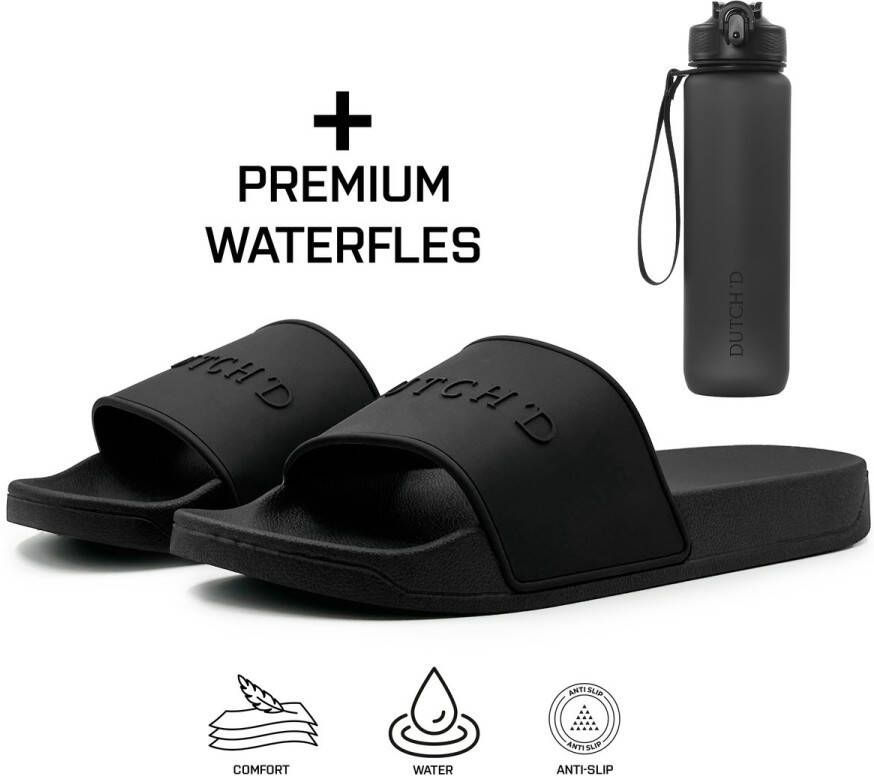 DUTCH'D Rubberen slipper + GRATIS 2 paar Sport Sokken t.w.v € 13 95 Sloffen Logo slides zwart anti slip badslippers Comfortabel Dubbele maten Nederlands merk unisex Slipper