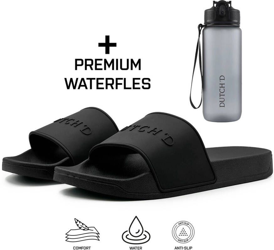 DUTCH'D Rubberen slipper + GRATIS 2 paar Sport Sokken t.w.v € 13 95 Sloffen Logo slides zwart anti slip badslippers Comfortabel Dubbele maten Nederlands merk unisex Slipper