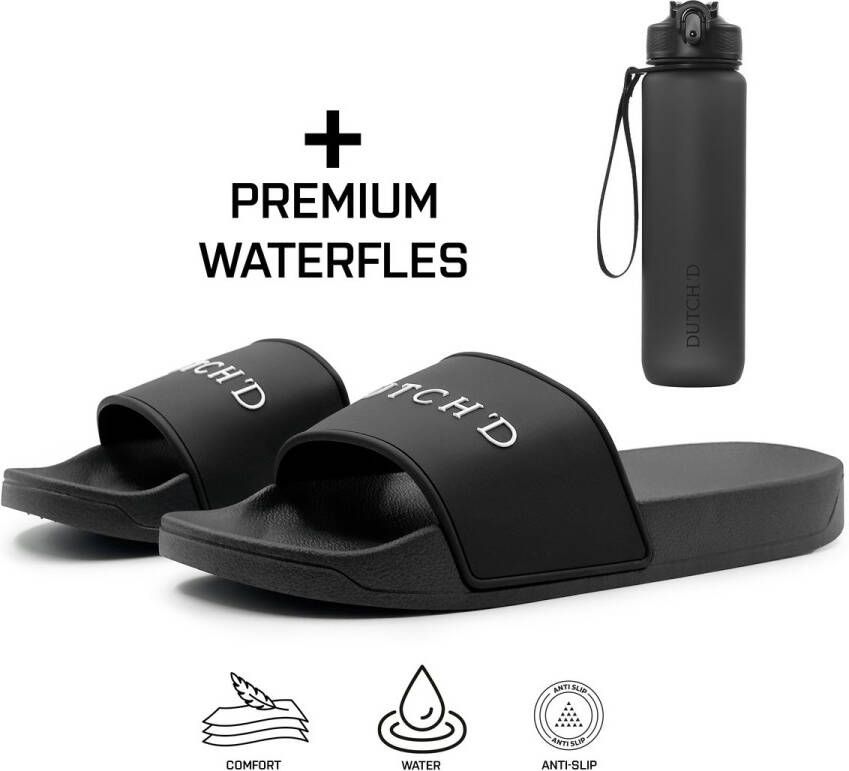 DUTCH'D Rubberen slipper + Handige Waterfles! Zwart wit anti slip Comfortabel Dubbele maten unisex Heren Badslipper Slippers Badslippers