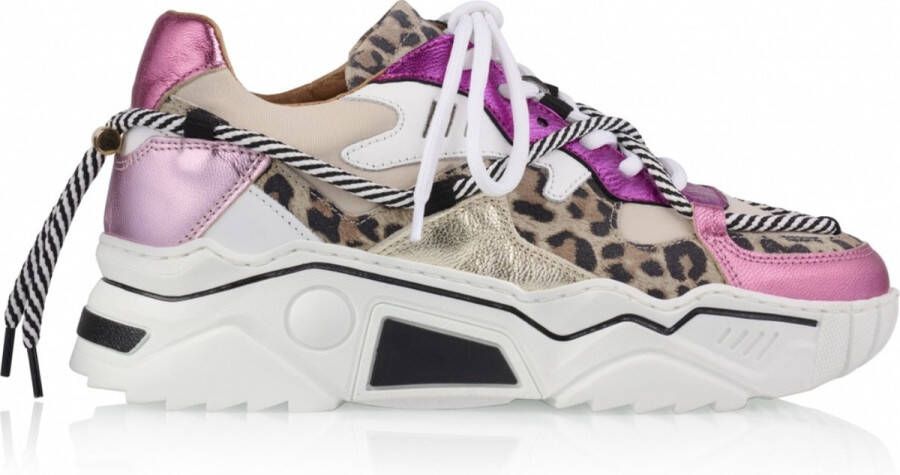 DWRS LABEL Jupiter leopard Fuchsia Sand Roze Leer Lage sneakers Dames