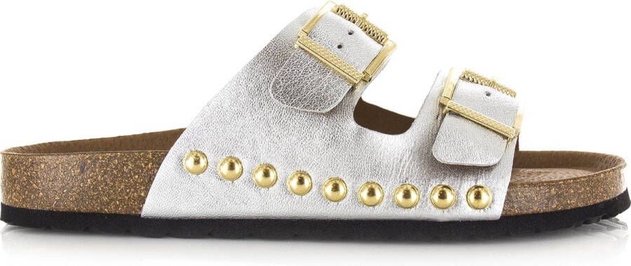 DWRS LABEL DWRS Malibu metallic leer | sil Zilver Leer Slippers met gesp Dames