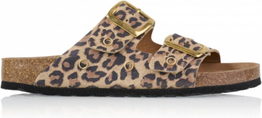 DWRS LABEL Leopard slippers leer met gouden details Beige Leer Slippers met gesp Dames