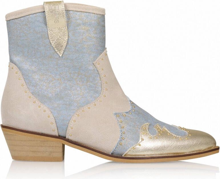 DWRS The label DWRS Dames Cowboylaarzenmet Hak Beige Leer Jeans look