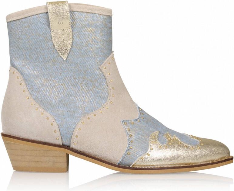 DWRS The label DWRS Dames Cowboylaarzenmet Hak Beige Leer Jeans look