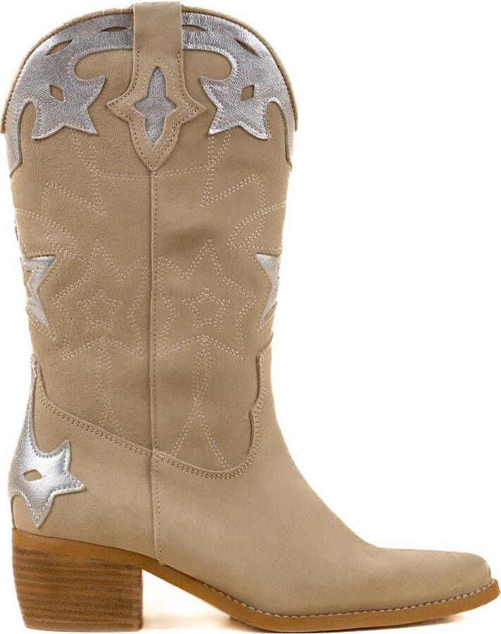 DWRS The label DWRS Dames Cowboylaarzenmet Hak Beige Leer Metallic